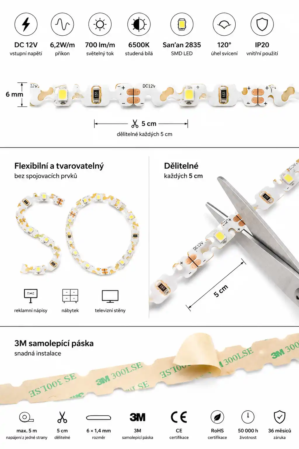 Instalace ohebného LED pásku 12V — dělitelnost každých 5cm, 3M páska, max 5m, rozměry 6×1,4mm
